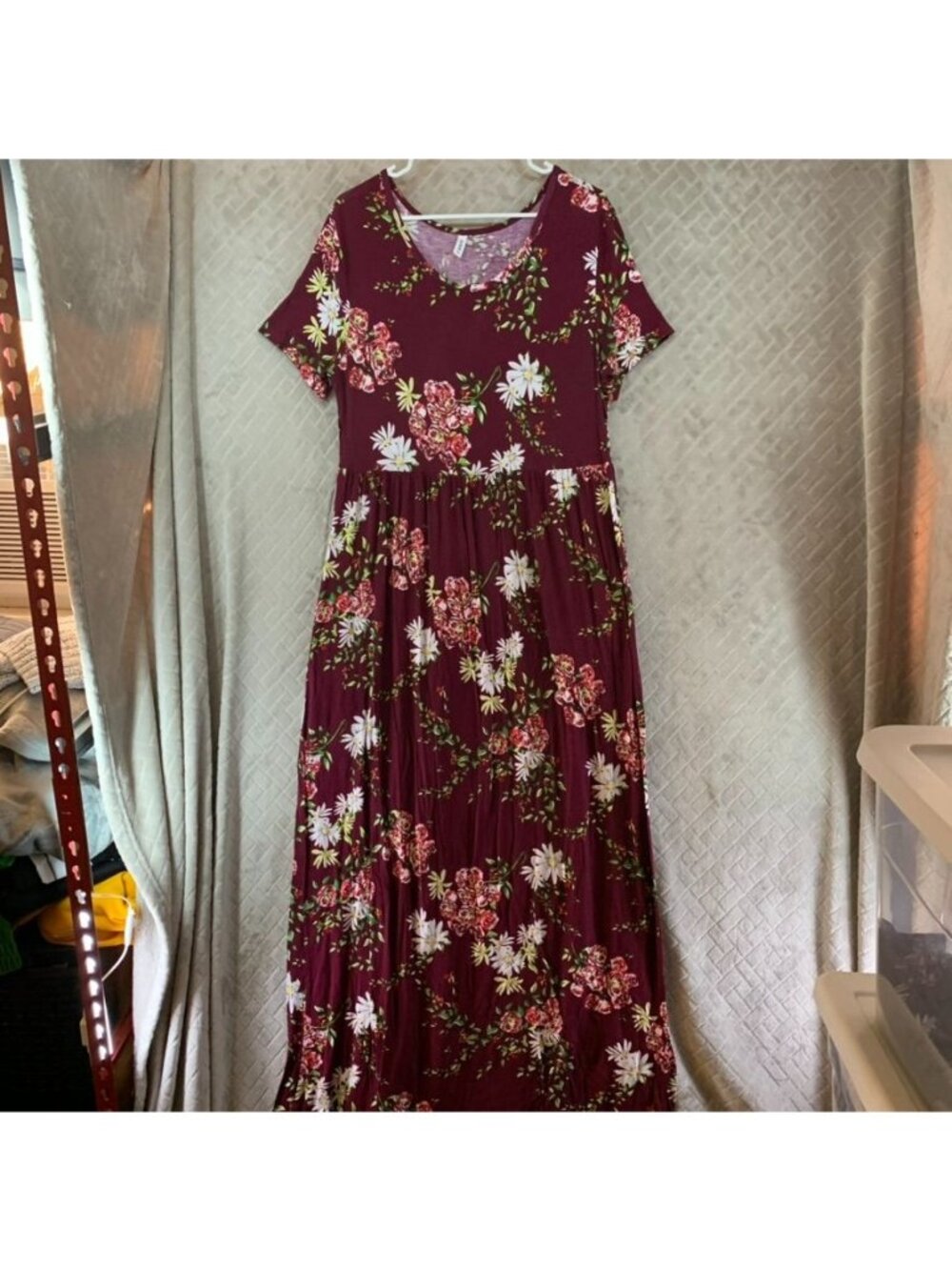 DB Moon Long Maxi Dress Womens 2XL Maroon Red Floral Short Sleeve Pockets